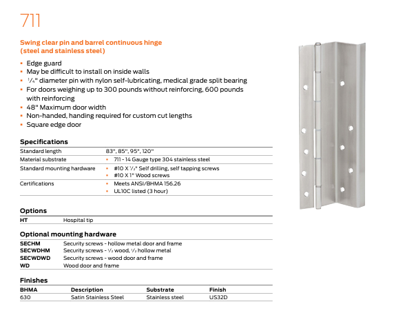 Ives - 711 Stainless Steel Swing Clear Pin and Barrel Continuous Hinge