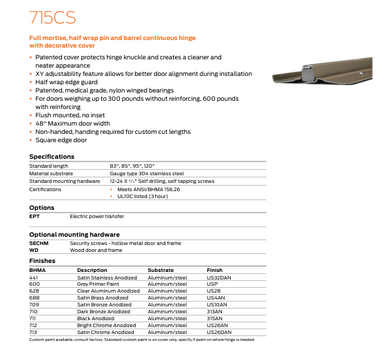 Ives - 715CS Stainless Steel Full Mortise, Half Wrap Pin and Barrel Continuous Hinge With Decorative Cover