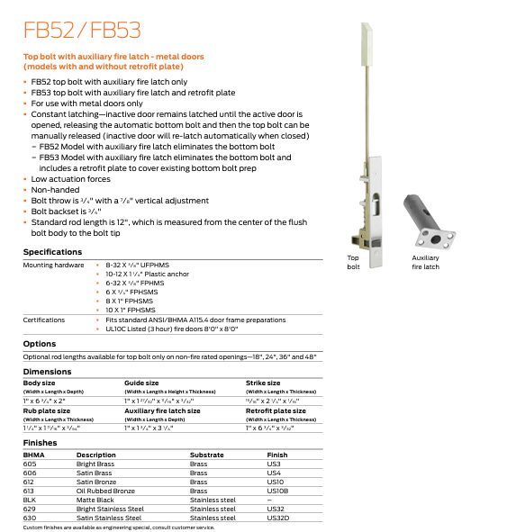 Ives - FB53 Constant Latching Top with  Auxiliary Fire Latch and  Retrofit Plate