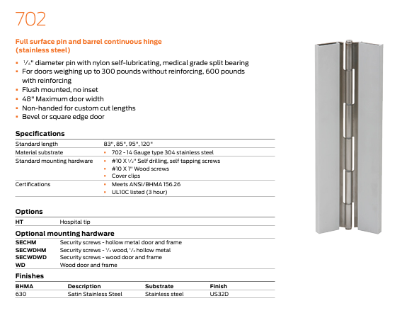Ives - 702 Stainless Steel Full Surface Pin and Barrel Continuous Hinge