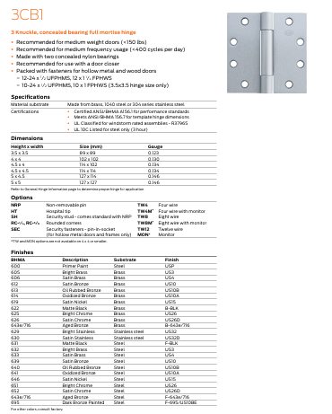 Ives - 3CB1 Brass/Stainless Steel 3 Knuckle, Concealed Bearing Full Mortise Hinge