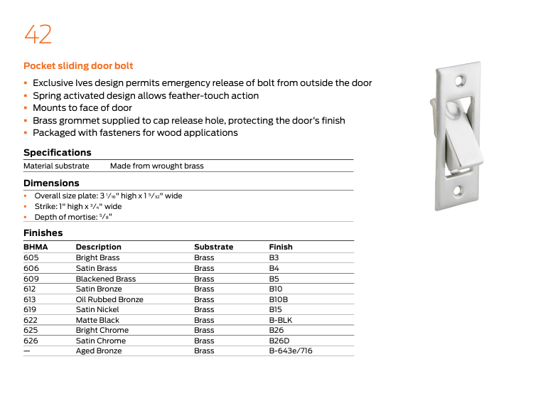 Ives - 42 Pocket Sliding Door Bolt