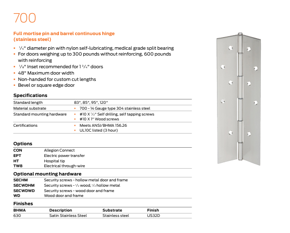 Ives - 700 Stainless Steel Pin and Barrel Continuous Hinge, Concealed