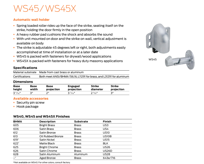 Ives - WS45X Automatic Wall Holder for Masonry Mounting