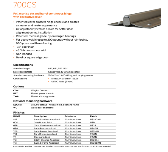 Ives - 700CS Stainless Steel Full Mortise Pin and Barrel Continuous Hinge With Decorative Cover