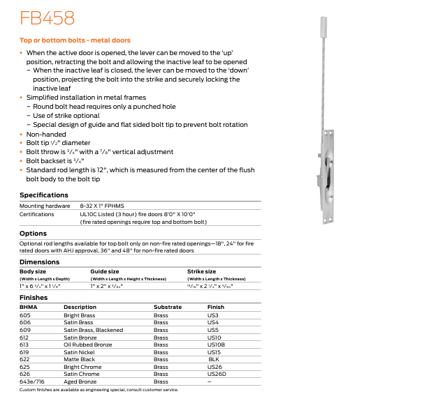 Ives - FB458 Flush Bolt for Metal Door