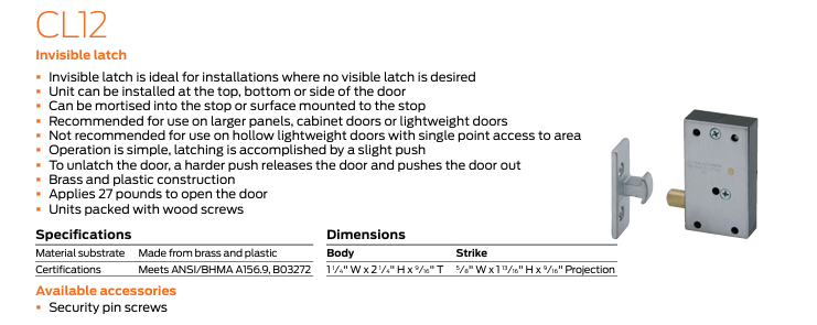 Ives - CL12 Brass Invisible Cabinet Latch