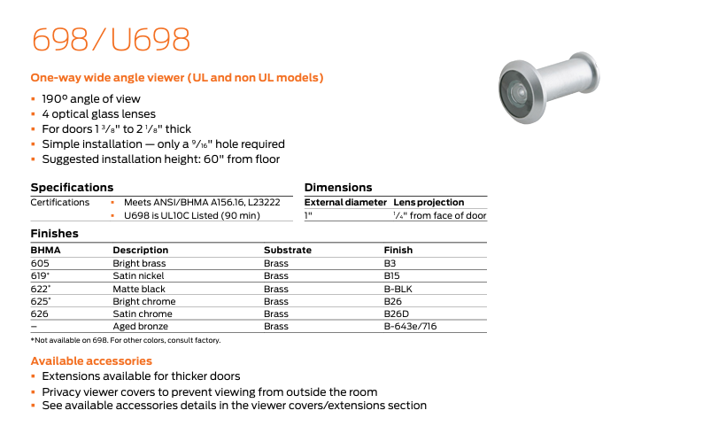 Ives - U698 One-Way Wide Angle Viewer - UL Fire Rated