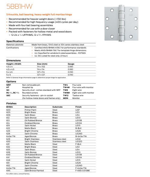 Ives - 5BB1HW 5 Knuckle, Ball Bearing, Heavy Weight Full Mortise Hinge, Steel Substrate
