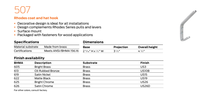 Ives - 507 Rhodes Brass Coat and Hat Hook