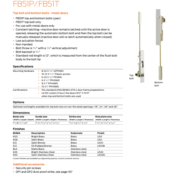 Ives - FB51 12" Constant Latching Bolts for Metal Doors