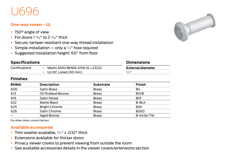 Ives - U696 One-Way Door Viewer - 150 Degrees