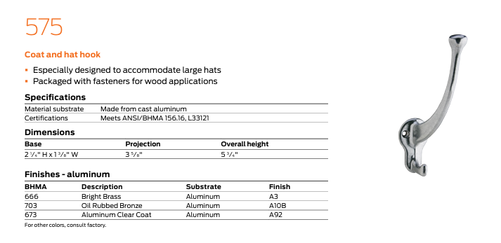 Ives - 575 Coat and Hat Hook