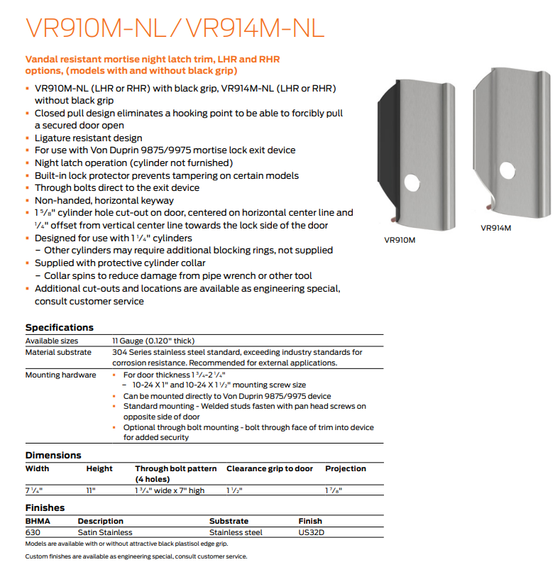 Ives VR910M-NL/ VR914M-NL Vandal Resistant Mortise Night Latch Trim