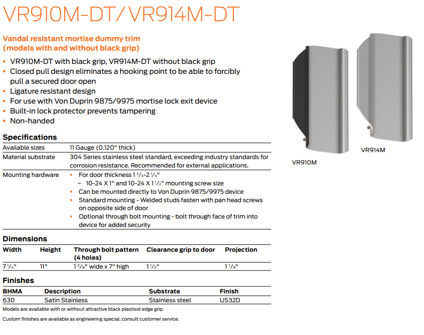 Ives VR910M-DT/ VR914M-DT Vandal Resistant Mortise Dummy Trim