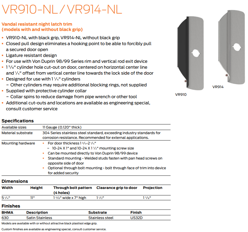 Ives VR910-NL / VR914-NL Vandal Resistant Night Latch Trim